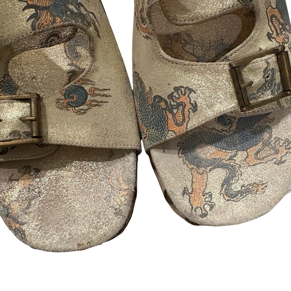Rare Vtg Bridget Platform Wedge Leather Sandals Dragon Tattoo Print, Sz 9 - Picture 15 of 16